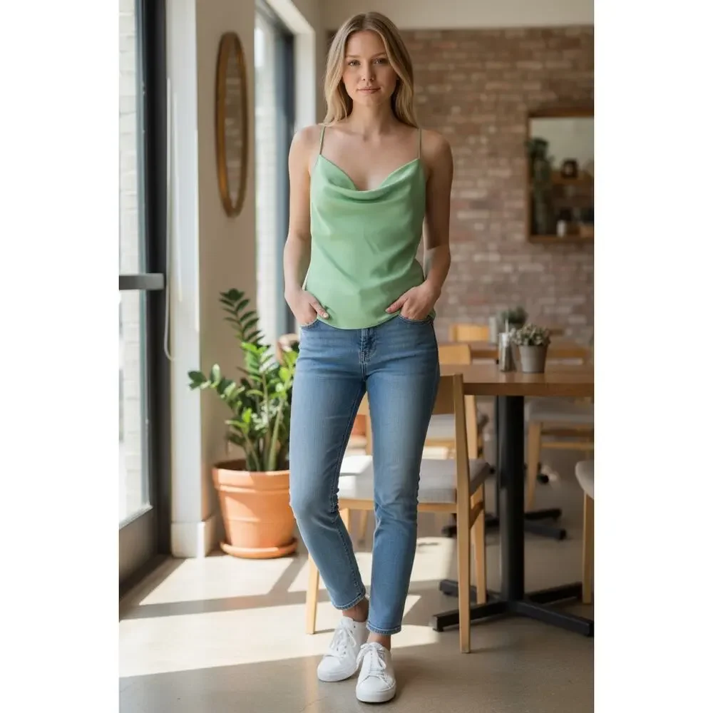 RAMY BROOK Top NEW Size M Abigail Cowl Neck Tank $195 Satin Green - Picture 1 of 5